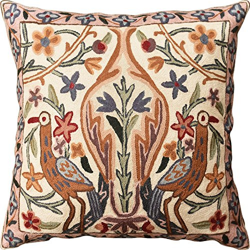 Kashmir Designs Tree of Life Pillow Cover - Crane Cream Floral Outdoor Pillows | Suzani Cushions | Modern Floral Cushion Hand Embroidered Shams Wool Size - 18x18