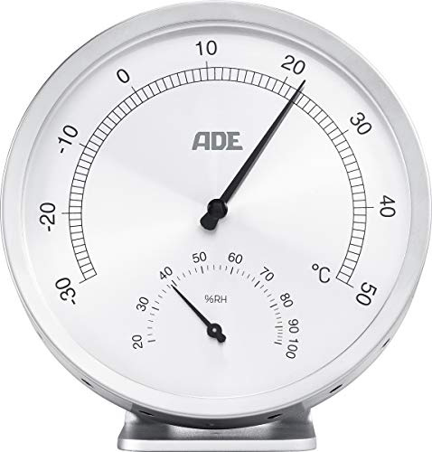 ADE Analoges Thermo-Hygrometer WS 1813 (Mechanisches Thermometer mit Hygrometer, aus Edelstahl mit Abdeckung aus Glas, 11,5 cm Durchmesser) silber