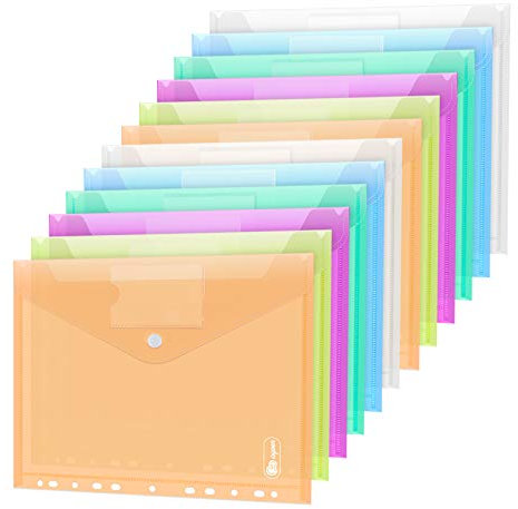 24 Stück Dokumententasche A4, 6 Farben Sichttasche A4 Transparent, Dokumenten Dokumentenmappe Sammelmappen Tasche druckknopf für Organisieren mit 11 Lochrand und Etikettentasche