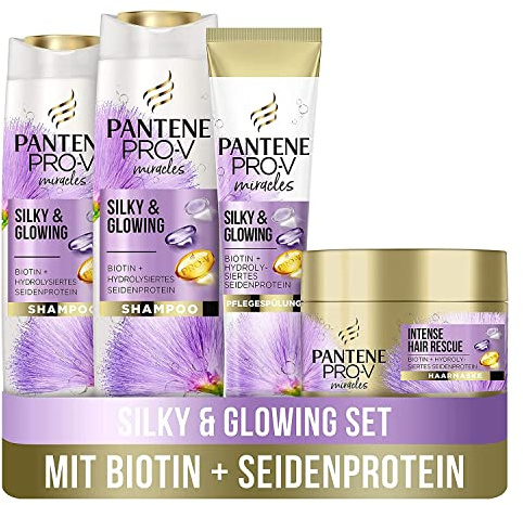 Pantene Pro-V Miracles Silky & Glowing Haarpflege Set: 2x Shampoo 250 ml + 1x Pflegespülung 160 ml + 1x Haarmaske 160 ml, Mit Biotin Und Hydrolysiertem Seidenprotein, Für Strohiges, Blondiertes Haar