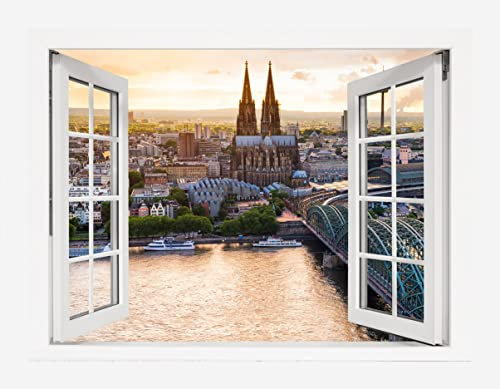 PICANOVA – Premium Leinwanddruck – Leinwandbild Köln Panorama Kölner Dom im Fenster 40x30cm – Kunstdruck Auf 2cm Holz-Keilrahmen Für Schlaf- Und Wohnzimmer – Kollektion Deutschland