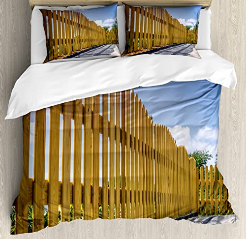 Ambesonne Fence Duvet Cover Sets, Wooden Fence on Residential Terrace Sunny Backyard Patio Tranquil View, Bedding Set with 2 Duvet Covers & 4 Pillowcases, 2 Pack King Size, Pale Coffee Violet Blue