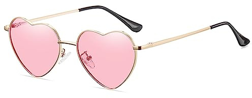 RUNHUIS Polarisiert Herzform Sonnenbrille Damen Herren Vintage Herz Sonnenbrille Retro Festival Party Liebe Brille mit UV400 Gold/Rosa