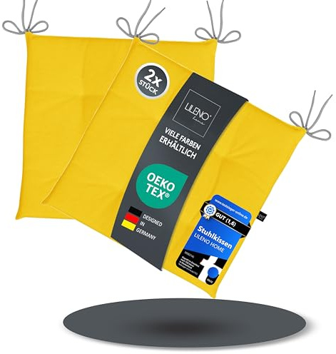 LILENO HOME Laura FUM Lot de 2 coussins de chaise - Jaunes (40 x 40 x 4,5 cm) - Pour chaise de jardin, cuisine ou salle à manger - Résistants aux UV - Pour l'intérieur et l'extérieur