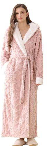 Dammorgonrock i sherpa-fleece, lång badrock med huva, mysig fluffig morgonrock med huva, Rosa, 40-44