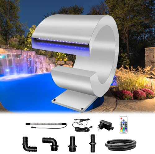 Longrun Pond Waterfall Fountain, J-shaped Stainless steel Pond Waterfall Spillway Blade with 7 Colors LED, Complete Pool Fountain Water Spray Kit for Above Ground Swimming Pool-23.5x36x34.5cm