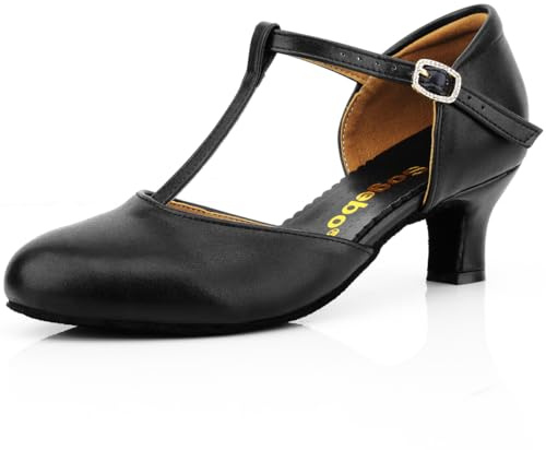 Women's Latin Ballroom Dancing Heels Wedding Pumps T-Strap Character Shoes, Black 7.5 M US