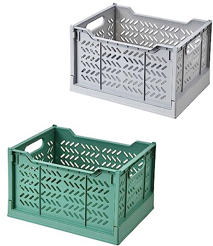 Spesh - 2 cajas de almacenamiento plegables elevadas, cajas de almacenamiento de plástico apilables cestas de almacenamiento plegables para cocina, sala de estar, dormitorio (verde oscuro+gris)