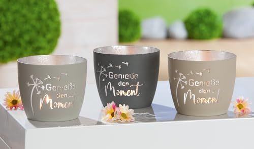 Vindljus set om 3, av metall, njut av ögonblicket mörkgrå, grå, ljusgrå, 10 x 9 x 7 cm