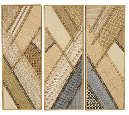 Deco 79 Wooden Geometric Handmade Home Wall Decor Textured Mixed Media Diagonal Wall Sculpture, Set of 3 Wall Art 12 W, 32 H, Brown