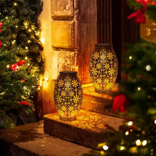OxyLED Lanterne da Esterno, Lanterna Solare da Esterno 2 Pezzi Metallo Retro Lampada Solare da Giardino Auto on/off Appendibile Decorative Lanterna per Giardino Terrazza Balcone Festa Decorazione