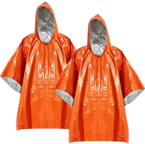 2 Pcs Emergency Ponchos, Thermal Insulation and Rainproof Outdoor Emergency Equipment, Hooded Emergency Raincoat, for Outdoor, Mountain Climbing, Cycling, Hiking, Rainy Days (Orange, 100*130cm)