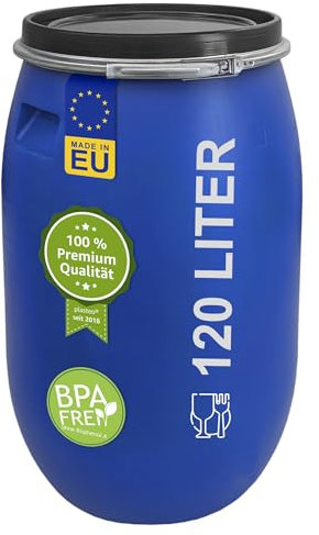 plasteo® Botte a collo largo, da 120 litri, con coperchio e anello di serraggio, in plastica, universale, per alimenti, per acqua piovana, con manici stabili, colore: blu