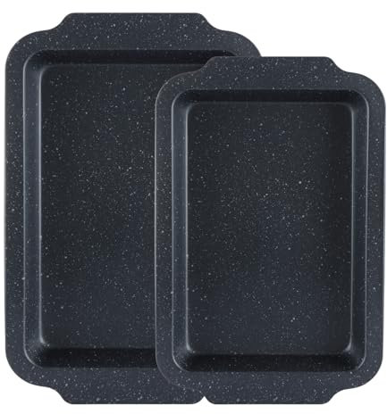 AKOLAFE Set di 2 teglie per arrosto da 36 cm, 40 cm, antiaderenti, in marmo nero, per forno, in acciaio al carbonio, teglie rettangolari, bordo profondo, lavabili in lavastoviglie