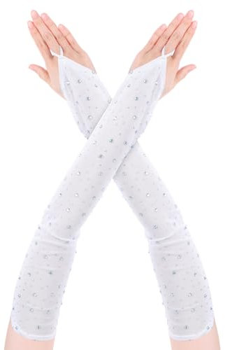 Yolev Lange Damenhandschuhe Weiß Fingerlose Handschuhe Strass Brauthandschuhe Damen Opern Tüll Party Kostüme 20er Jahre Accessoires Halloween Hochzeit Glitzernde Hochzeitshandschuhe