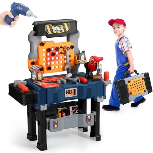 JOVOW Banco de trabajo para niños, 68 piezas, maletín de herramientas transformable, juego de herramientas con taladro simulado, caja de herramientas para niños, juego de rol, juego educativo, regalo