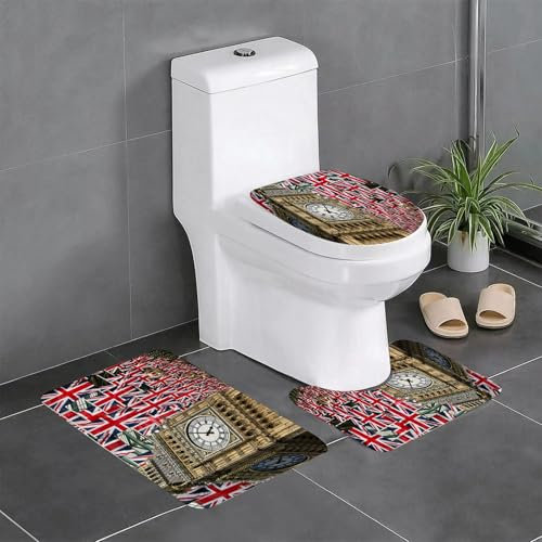 EYLOZS Badezimmerteppich Set 3 Teilig Waschbar rutschfeste Badematte Toilettenmatte Weich Saugfähige Badteppiche,Union-Jack-Flaggen und Big Ben