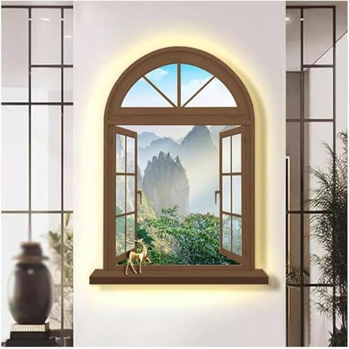 FLTRGO 3D Beleuchtete Wandkunstdekoration, Wandskulpturen Wandhängekunst Mit LED -Licht, Gefälschter Fensterrahmen Blick Auf Das Sonnenlicht Über Der Hügellandschaft, Dekoration Lampenmalerei