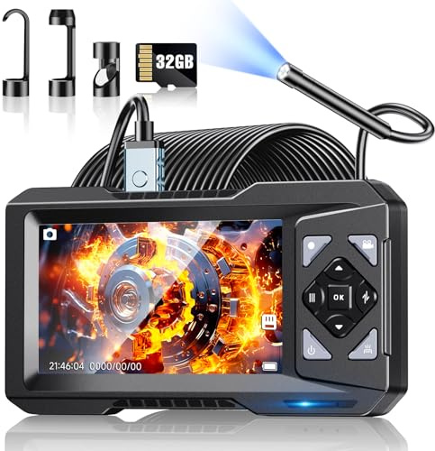 Endoscope Camera with Light & 32GB Card, 1080P HD Borescope Inspection Camera 4.3 IPS Screen, 5.5mm IP67 Waterproof Probe with 6 Adjustable LEDs,16.4FT Semi-Rigid Cable, Tools, Gadgets for Men