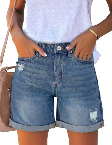 Roskiky - Shorts in jeans strappati da donna, a vita alta, con bordo arrotolato, Azzurro, XXL