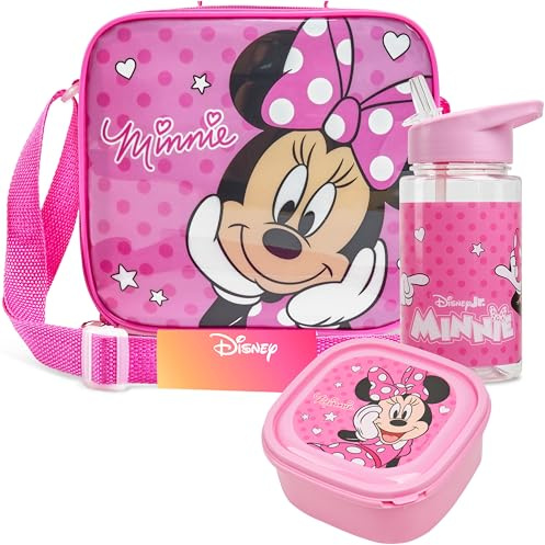 Get Trend Disney Minnie Mouse Set Repas Enfant 3 Pièces Sac Isotherme avec Sangle Boîte à Goûter Gourde 400ml Sans BPA École Pique nique (Minnie Mouse)