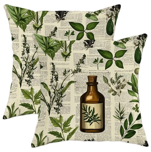 Herbal Pillow Covers Set of 2, Green Botanical Plant Throw Pillow Cases, Spring Decorative Square Vintage Decor Cushion Covers for Home Sofa Bed Couch 20x20 Inch