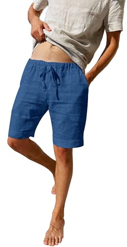 LVCBL Pantaloncini da uomo in tessuto di lino, leggeri e ariosi, vestibilità larga, pantaloni corti per il tempo libero, Blu, 3XL