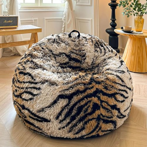 XeGe Faux Fur Tiger Print Bean Bag Chair Cover (No Filler), Fluffy Stuffed Animal Storage Bean Bag Shell Home Decor, Furry Fuzzy Big Beanbag Cover for Adults Teens Kids Girls, Anti-slip, Brown Tiger