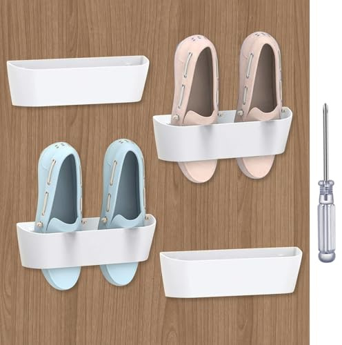 Wall Mounted Shoe Rack - 4-Pack Self Adhesive Wall Slipper Storage, Compact Motorhome Shoe Holder, 2-Way Installation Door Shoe Hangers with Screwdriver and Adhesive, Plastic Back Door Organizer