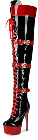 Veelau Meieer Damen Stiefel Plattform Stiletto Schnürstiefel Punk Motorrad Overknees Lackstiefel Schenkelhoch Schwarz 40 EU