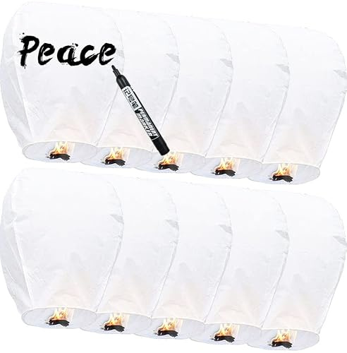 10 Packs Chinese Lantern, Floating Sky Lanterns, Biodegradable Memorial Fire Resistant Paper Wishing Lanterns to Release in Sky for Parties and Festivals, Flying Fire Lanterns, White