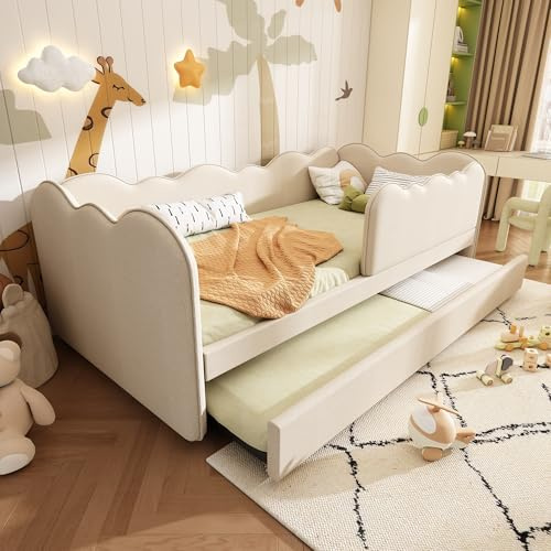 Soweiz Polsterbett Daybett Kinderbett 90x190cm,Tagesbett Schlafsofa mit Ausziehbett 90x190cm, Kinderbett mit Lattenrost, Leinen, ohne Matratze (Beige)