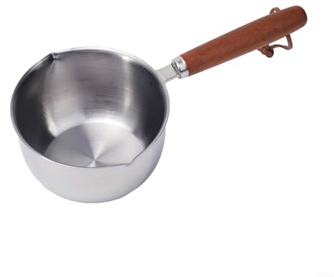 DAZZLEEX Olla de leche de acero inoxidable con mango de madera para inducción, estufas de gas o eléctricas, cacerola pequeña de 150 ml, 300 ml, 500 ml para calentar leche, mantequilla derretida