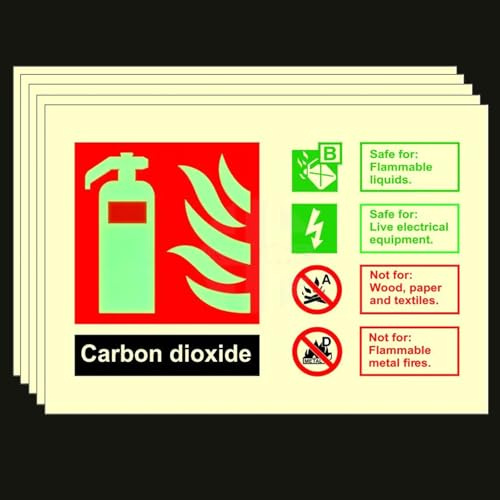 5 etiquetas de extintor de incendios de CO2 que brillan en la oscuridad, señales de identificación luminosas autoadhesivas de seguridad contra incendios de 4 x 6 pulgadas