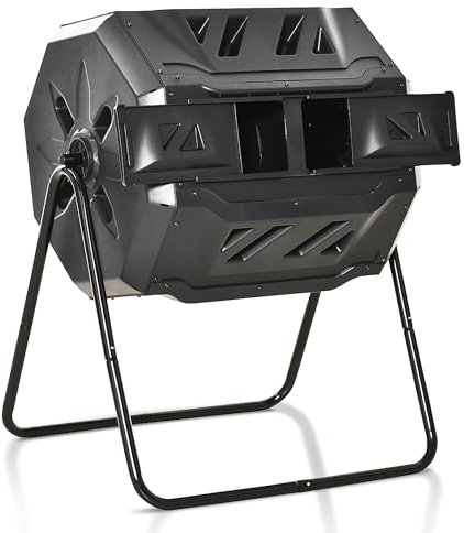 Outsunny Compostador Giratorio de 160L Contenedor de Compostaje de Jardín de Doble Cámara Compostadora con Aberturas de Ventilación y Patas de Acero 71x65x96 cm Negro