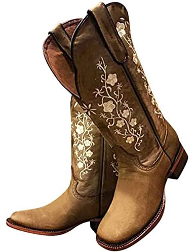 JFISQ Stivali Da Equitazione Donna Ricamati Floreali Stivali Western Texani Rétro Autunno Inverno Con Tacco Largo Stivali Slip-On Con Gamba Lunga Stivali Da Motociclista Da Esterno Oversize,Marrone,39