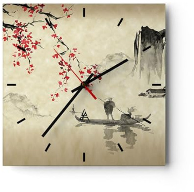 Moderno Reloj de Pared 30x30cm Cuadrado Decorativo Paisajes Personas - 5020 | Flor Guindas Japón Reloj de Vidrio Analógico Silencioso Decoración de Pared Sin Tic Tac Cocina Salón Dormitorio ARTTOR
