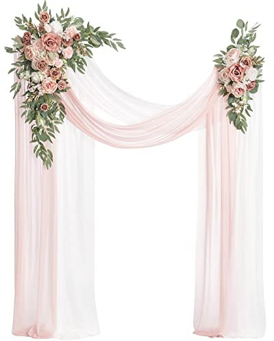 BRYER Künstlicher Hochzeitsbogen Mit Blumen-Set (4 Stück), 2 Stück Weiße Rosenblumen-Girlande Mit 2 Stück Weißen, Durchsichtigen, Drapierten Stoff-Blumengirlanden Für Die Hochzeitsdekoration,A10