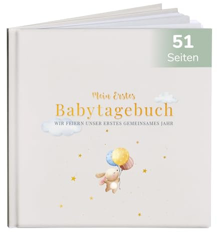 Tiny Trees® Babytagebuch - Mein erstes Jahr (Hase) 51 Seiten Inkl. Geschenkbox - Fotoalbum zum Eintragen | Baby-Meilensteinbuch mit monatlichen Geburtstage