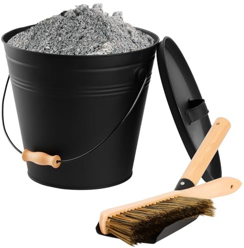 FEED GARDEN 3.5 Gallon Ash Bucket with Lid,Shovel,Broom and Screwdriver, Ash Can for Fireplace Fire Pits,Hearth,Wood Stoves,Fireplace Galvanized Iron Bucket,Pellet Charcoal BucketIndoor Outdoor，Black