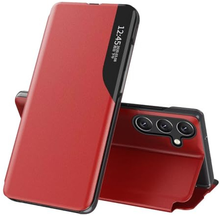 EASSGU Läderfodral till Samsung Galaxy A26 5G/Samsung Galaxy A26 (4G) (6,7 tum tum) sidofönster flip-hållare PU-läder telefonfodral repbeständigt stötbeständigt skyddsfodral – röd