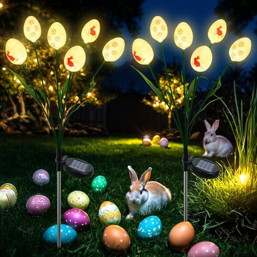 Påskdekoration sollampor för utomhusträdgård, 2-pack 12 LED påskägg med kaninmönster, 2 lägen vattentäta svängande eldfluglampor påskdekorationer utomhus trädgård gräsmatta