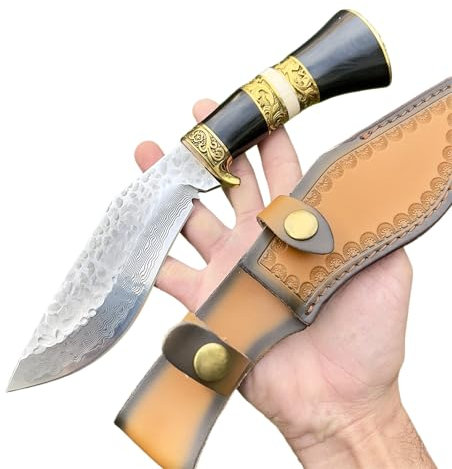 Obespina Gros Couteau Traditionnel Népalais Lame Fixe Acier Damas Manche Bois ébène Collection Custom Cadeau Homme Suminagashi VG10 forge artisanat doré edc chasse tranchant custom