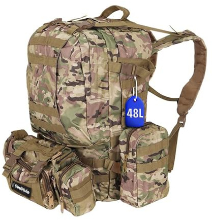 SteelMule 48,5L Mochila Táctica Militar Impermeable y Bolsas Extraíbles (3,5L) – Mochila de Emergencia y Supervivencia para Senderismo, Montaña, Camping, Caza, Pesca, Outdoor – Camuflaje Coyote
