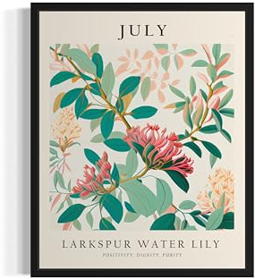 July, Larkspur Water Lily Flower Month Art Print Poster, Birth Month Wall art Decor, Birthday gift for Her, Bestfriends for Bedroom Bathroom Decor 73 (July, Larkspur Water Lily, 8 x 10 inches
