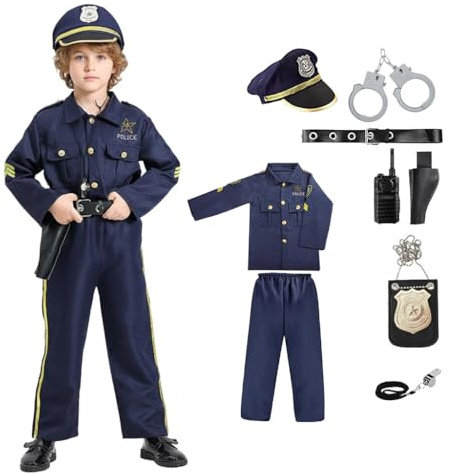 Joyincoser Polizei Kostüm für Kinder mit Polizei Mütze Handschellen Polizeihemd Hose Funkgerät und Pfeife für Jungen und Mädchen Halloween Karneval (Medium)