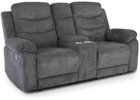 Raburg Kinosessel 2er-Fernsehsessel mit mechanischer Relax- & Liegefunktion, Easy-Lift, Getränkehalter, Snackfach, Komfortpolsterung, je Sitz 130 kg belastbar – Pixx, Mikrofaser | Dunkelgrau