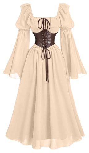 Generisch Abito medievale da donna, lungo, stile medievale, vintage, maniche a tromba, con lacci, scollo quadrato, corsetto, tinta unita, eleganza, abito da sera rinascimentale, alla moda, beige., S