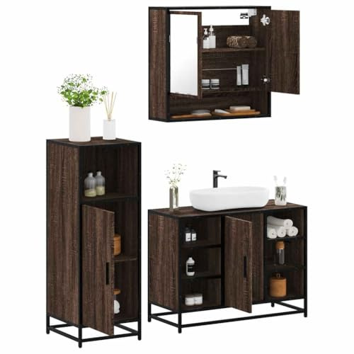 HaoChrymec 3-TLG. Badmöbel-Set Braun Eichen-Optik Holzwerkstoff, mit Spiegel, Waschbeckenunterschrank und Badezimmerschrank, Badezimmermöbel Set, 80 x 33 x 60 cm, 65 x 20 x 60 cm, 35 x 37,5 x 100 cm