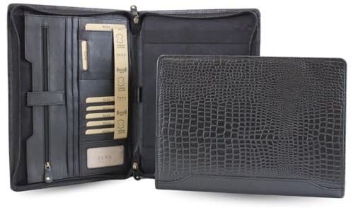 Fana Bags Leder Schreibmappe Croco - Luxus Leder Konferenzmappe mit Reißverschluss - A4 Businessmappe - Geschenk (Schwarz)